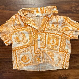Nicole Miller Artelier Orange & Cream Camp-Collar Short Sleeve Button Shirt